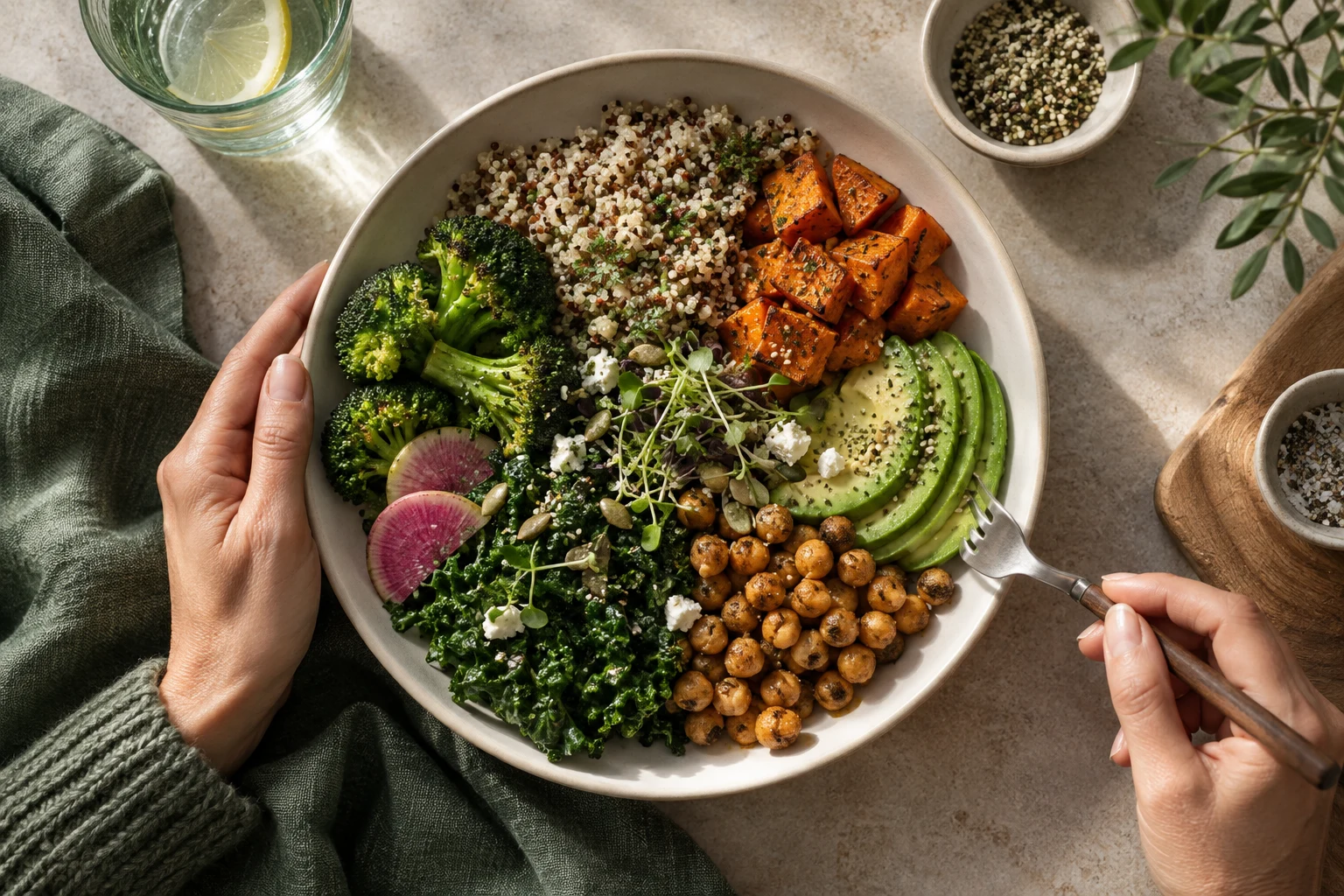 Plato con verduras, legumbres y cereales